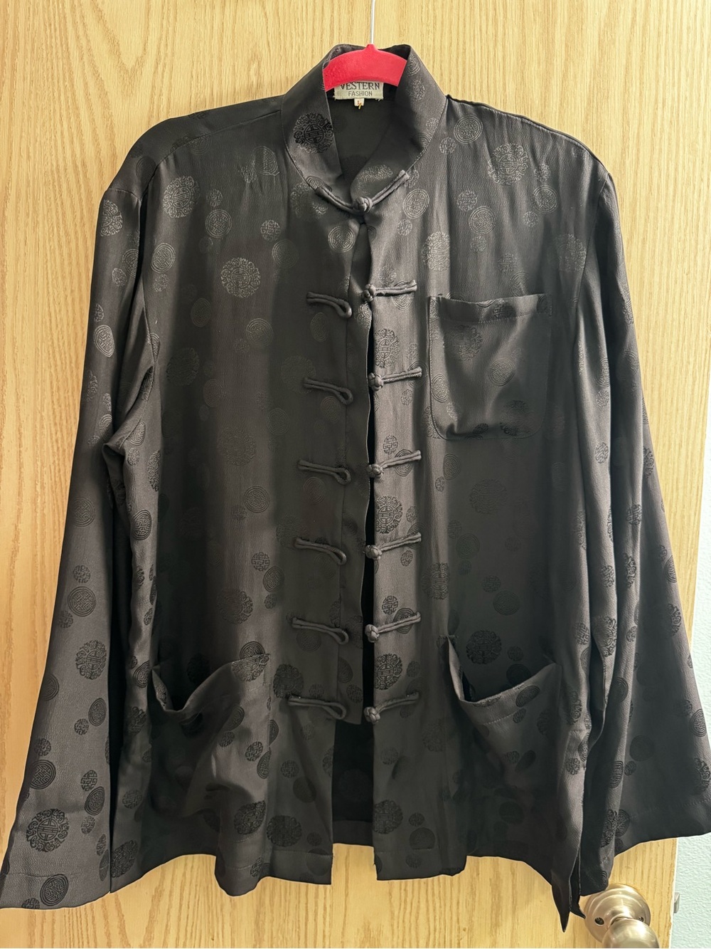 Silk Jacket retro Black silk Mandarin Collar Jacket with Frog Closures Large
